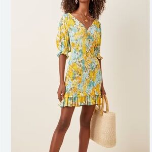 Faithfull the Brand Floral V-Neck Dress - Yellow and Green